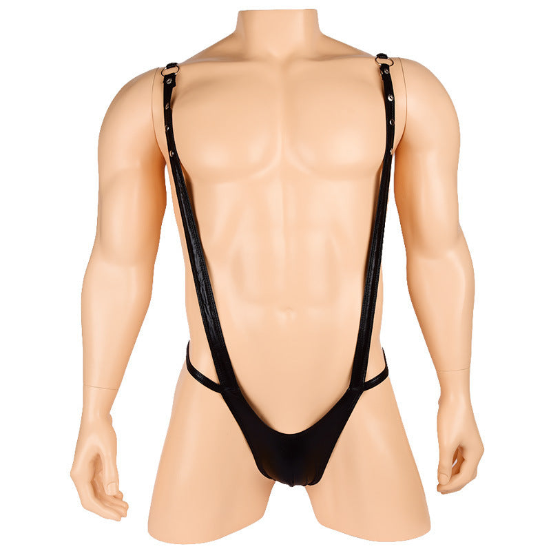 Men's Black Imitation Patent Leather PU Sexy One-piece Suspender T Pants Femdelux