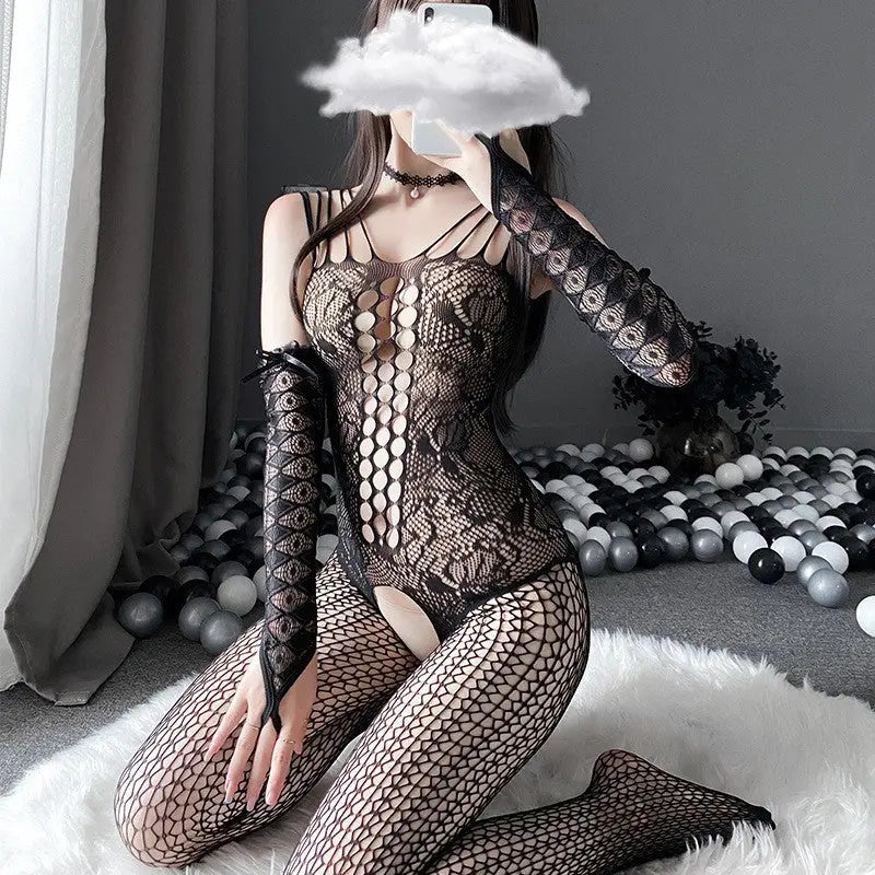 Transparent Sexy Seduction One-piece Garter Belt Stockings Mesh Bodysuit Femdelux