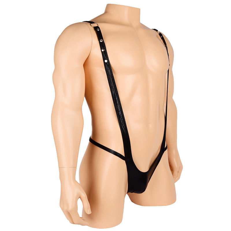 Men's Black Imitation Patent Leather PU Sexy One-piece Suspender T Pants Femdelux