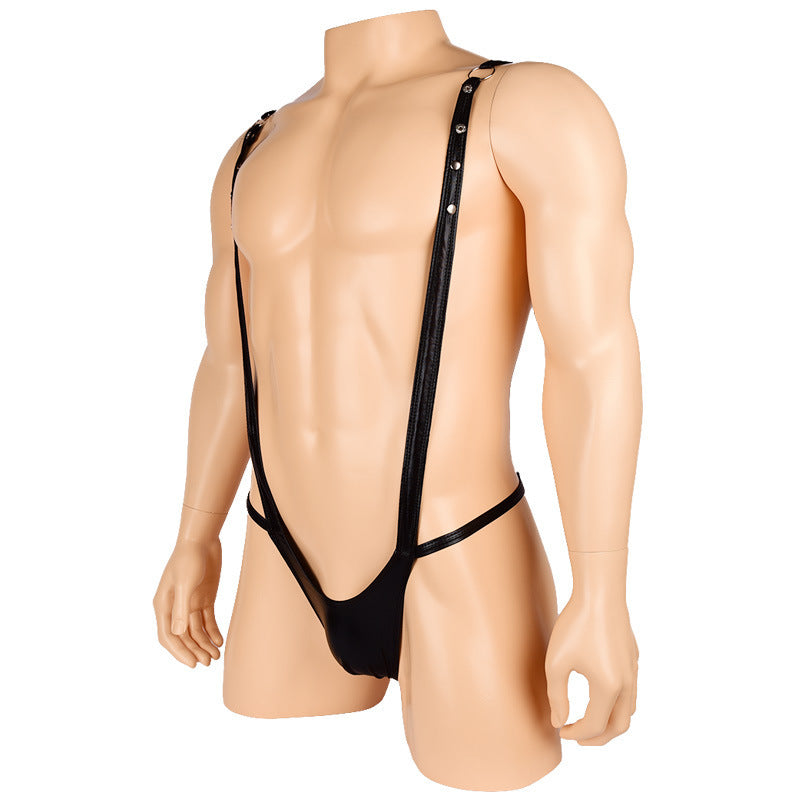 Men's Black Imitation Patent Leather PU Sexy One-piece Suspender T Pants Femdelux