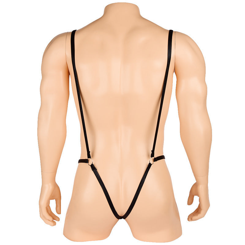 Men's Black Imitation Patent Leather PU Sexy One-piece Suspender T Pants Femdelux