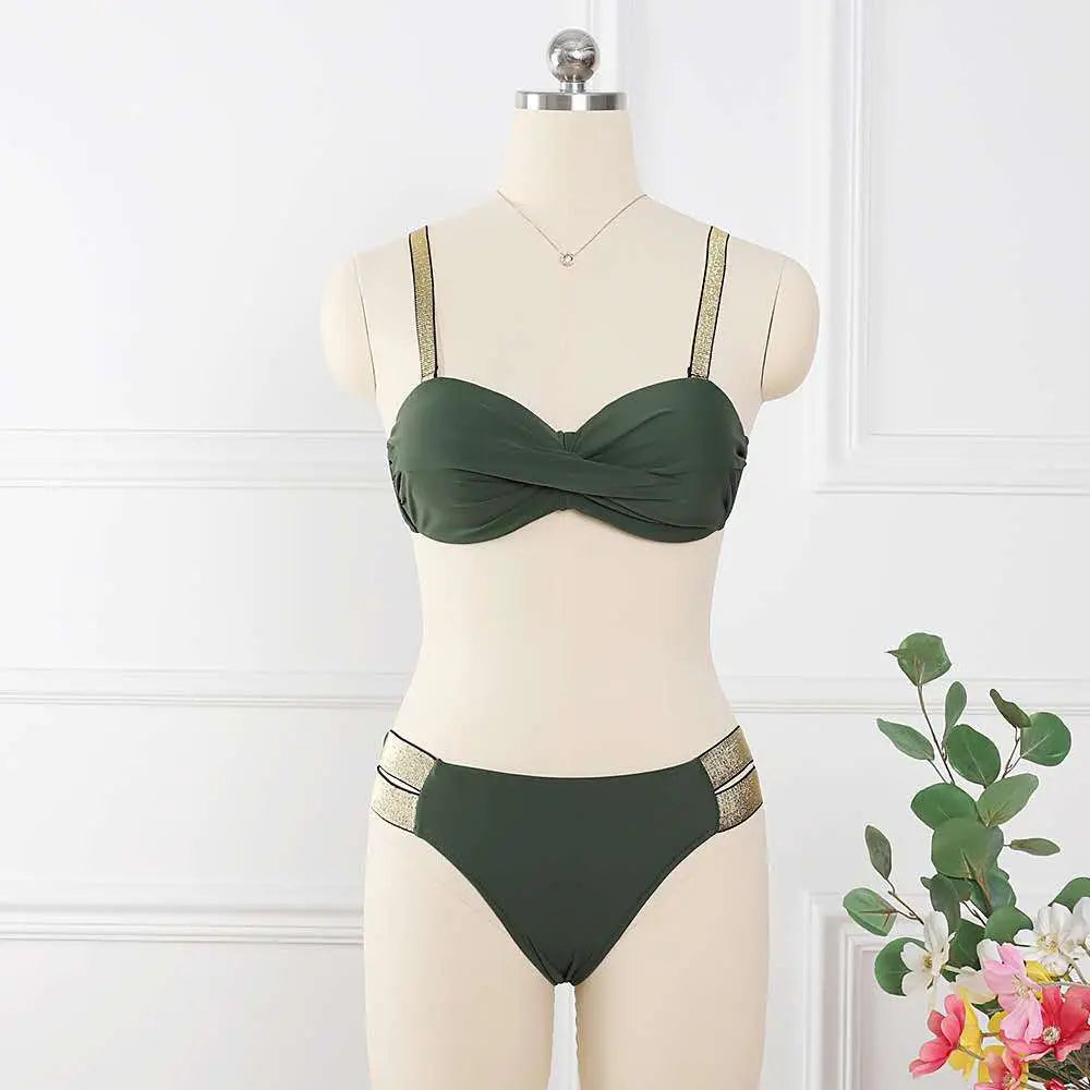 Bikini Sets Solid Color Swimsuit Sexy Mid-Waist Bandeau Gather Cup Bikinis Women Swimwear Female Bathing Suits Beach Wear Femdelux