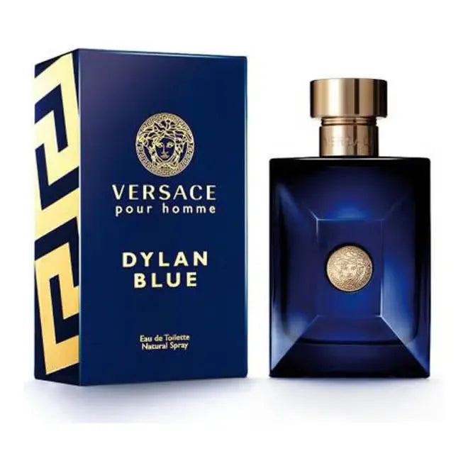 Versace Dylan Blue EDT 50ml men's perfume bottle and packaging in dark blue with gold accents