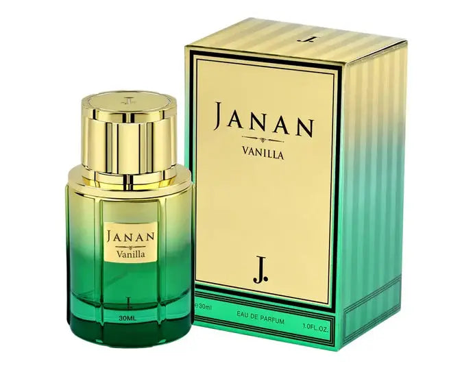 Janan Vanilla Eau de Parfum 30ml green-to-gold bottle with matching box unisex long-lasting vanilla fragrance